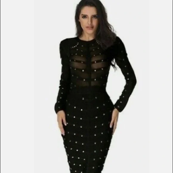 privy | Dresses | Privy Black Long Sleeve Sheer Top Gold Studded Party Dress  Size Large | Poshmark